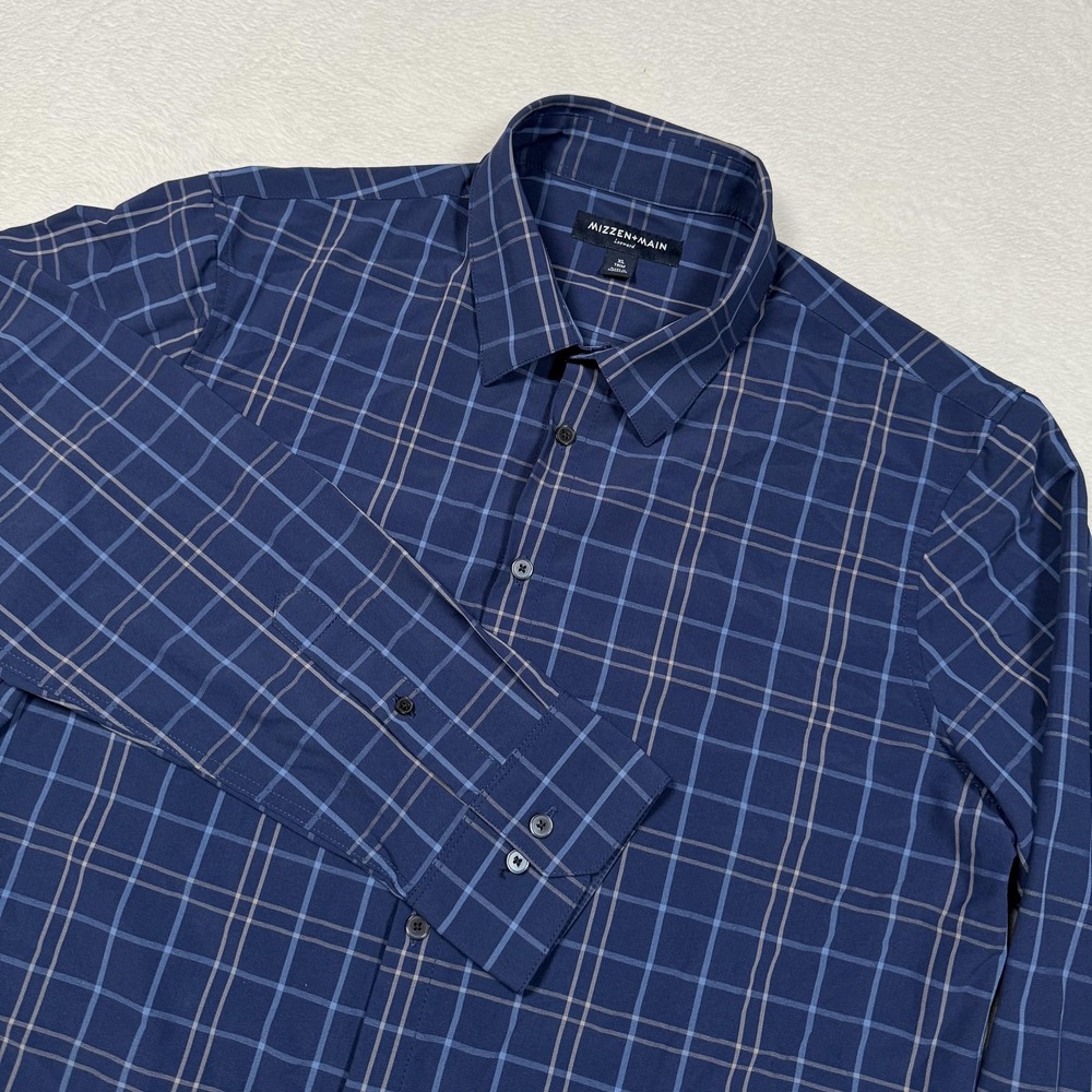 Mizzen+Main Shirt Mens XL Blue Leeward Trim Fit Plaid Performance Button Down